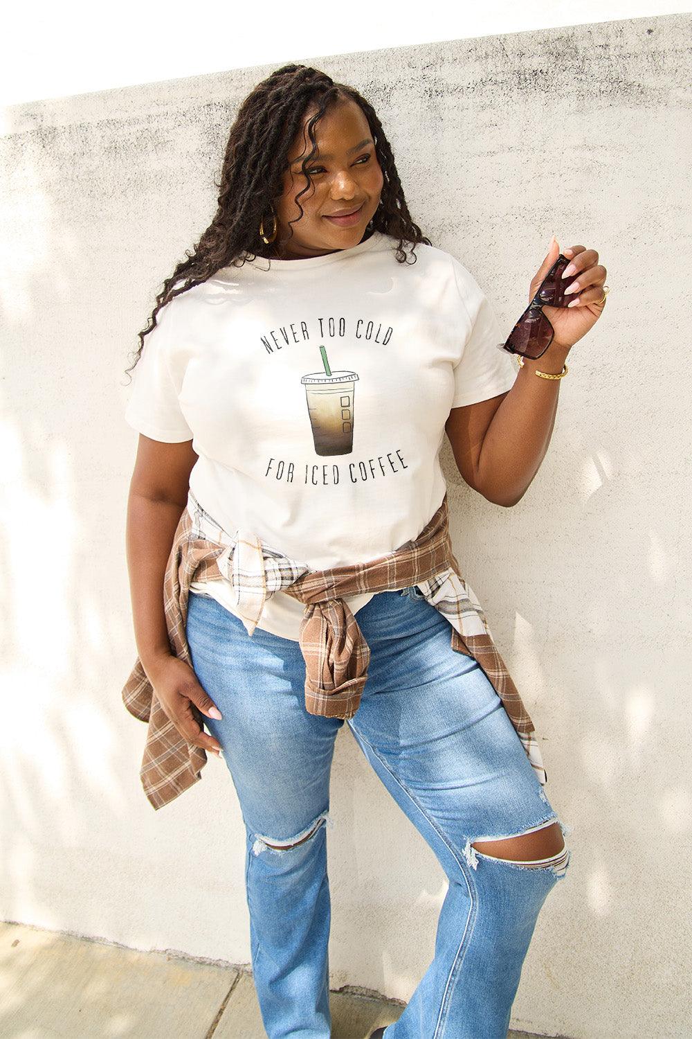Simply Love Full Size NEVER TOO COLD FOR ICED COFFEE Short Sleeve T-Shirt Carauana Store