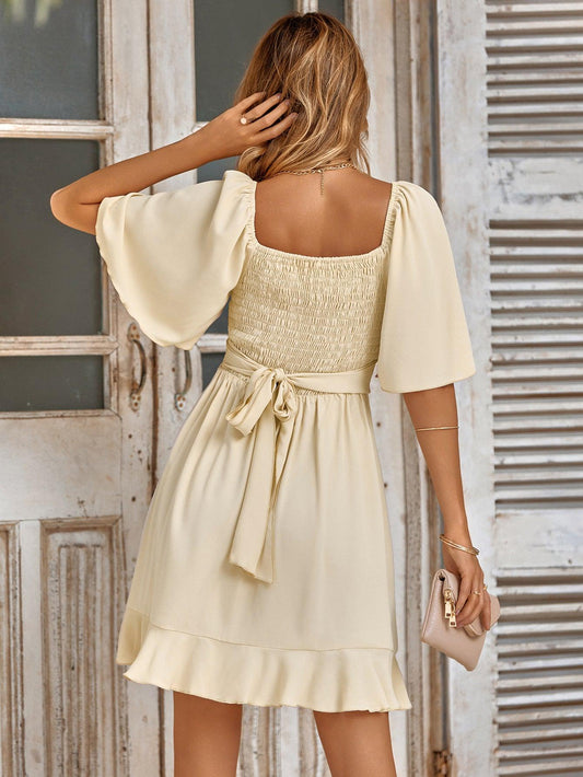 Smocked Tie Back Ruffle Hem Dress Carauana Store