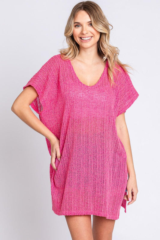 GeeGee Short Sleeve Side Slit Knit Cover Up Dress Carauana Store