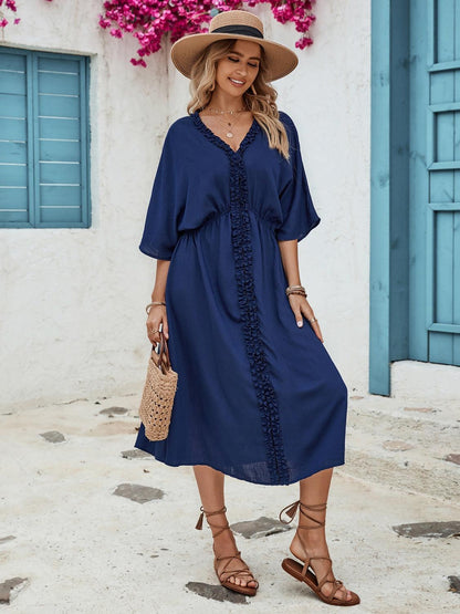 Frill Slit V-Neck Three-Quarter Sleeve Dress Carauana Store