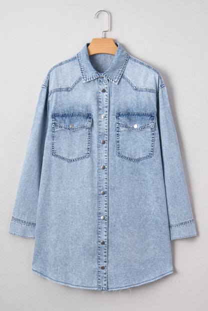 Beau Blue Chest Pocket Raw Hem Denim Loose Shirt Dress