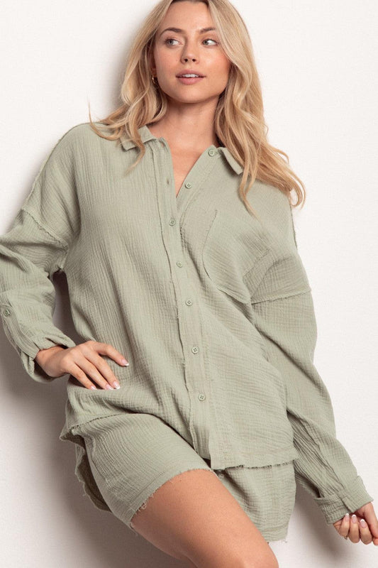 VERY J Texture Button Up Shirt and Shorts Set Carauana Store