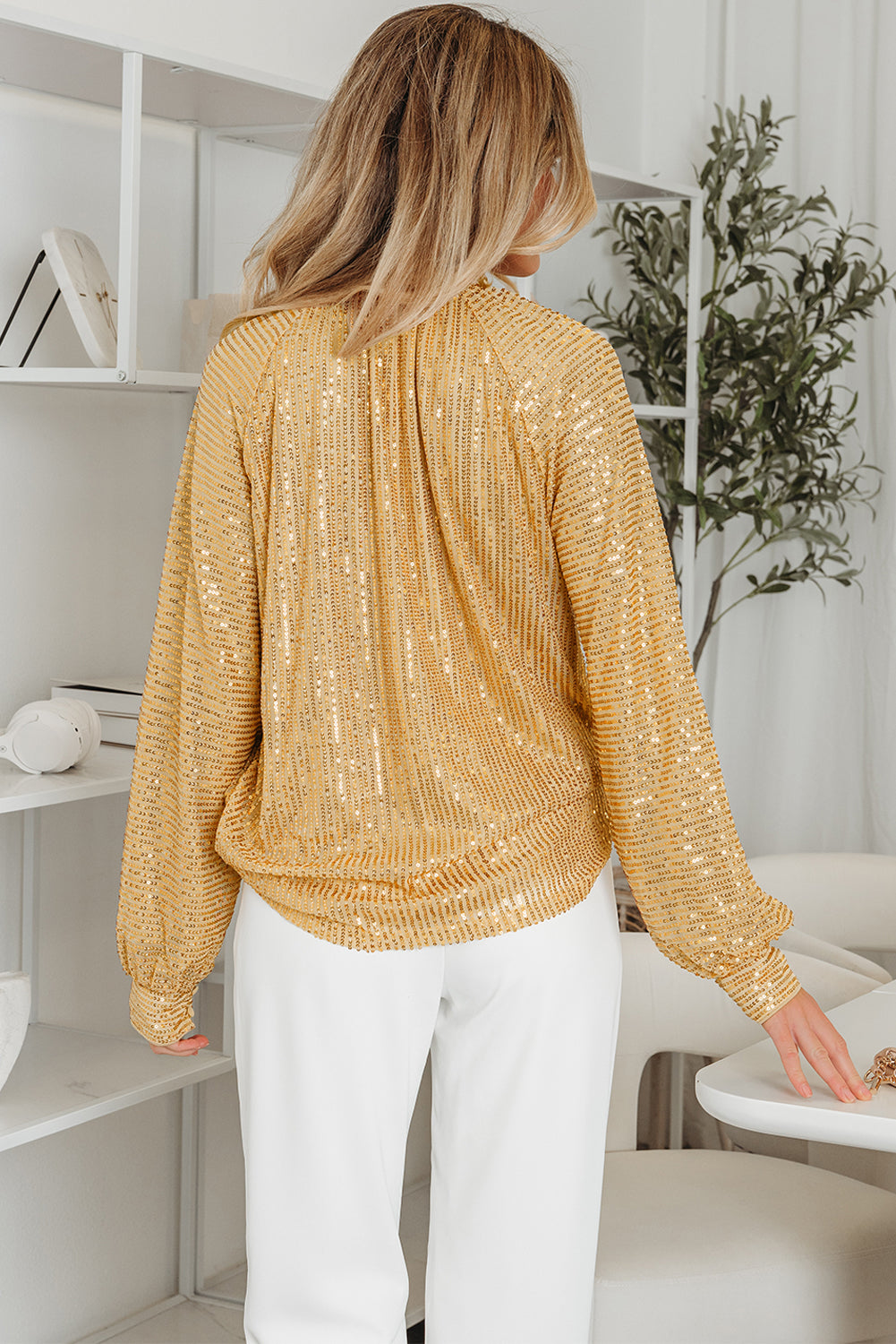 Gold Metallic Balloon Sleeve Buttoned High Neck Loose Blouse