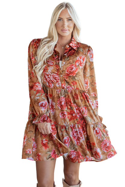 Brown Vintage Floral Print Shirt Style Half Button Long Sleeve Ruffle Mini Dress