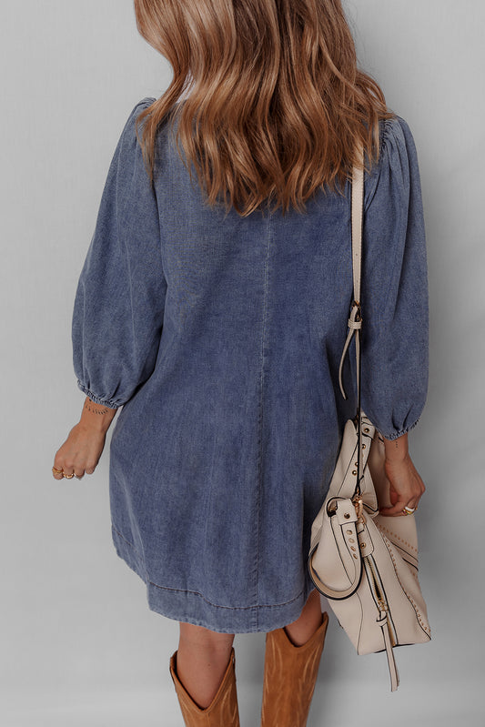 Sail Blue 3/4 Sleeve Tied V Neck Pleated Denim Mini Dress