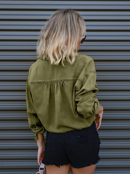 Drawstring Pocketed Button Up Denim Top Carauana Store