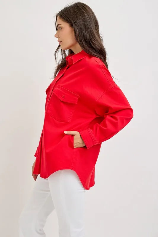 RISEN Button Down Long Sleeve Denim Shacket with Chest Pockets Carauana Store