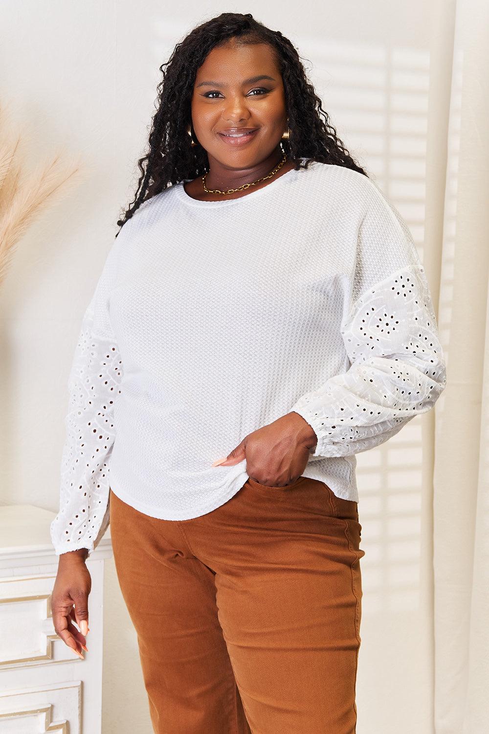 Shiny Eyelet Dropped Shoulder Round Neck Blouse Carauana Store