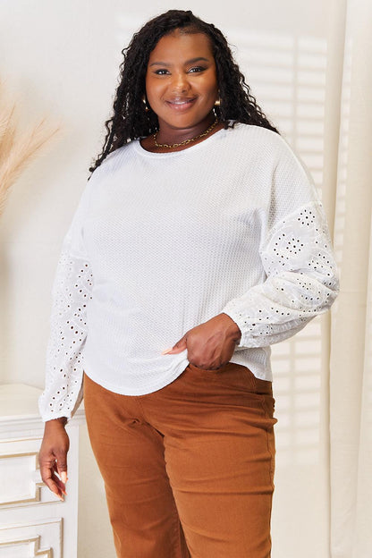 Shiny Eyelet Dropped Shoulder Round Neck Blouse Carauana Store