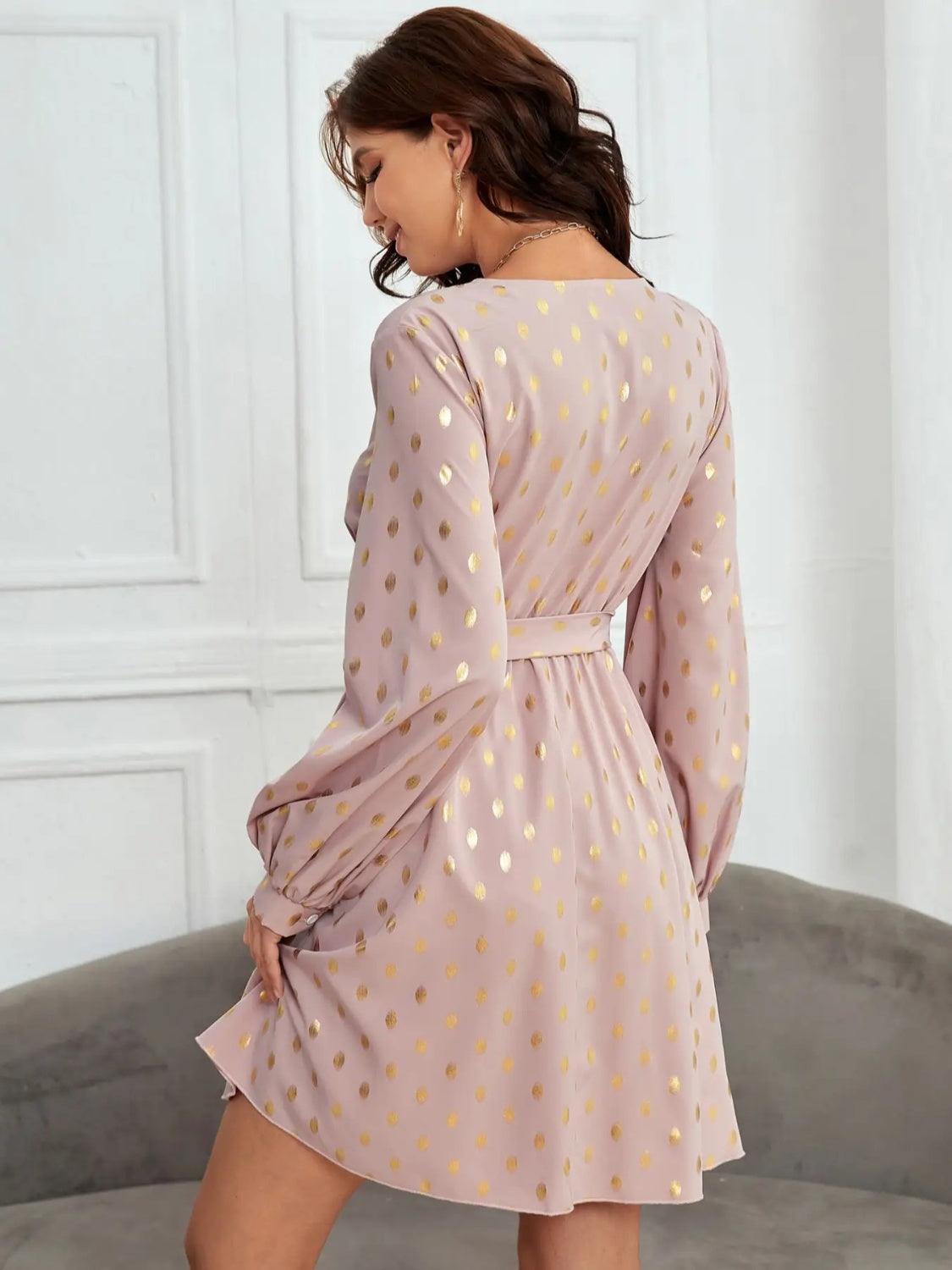 Tied Printed Surplice Long Sleeve Dress Carauana Store