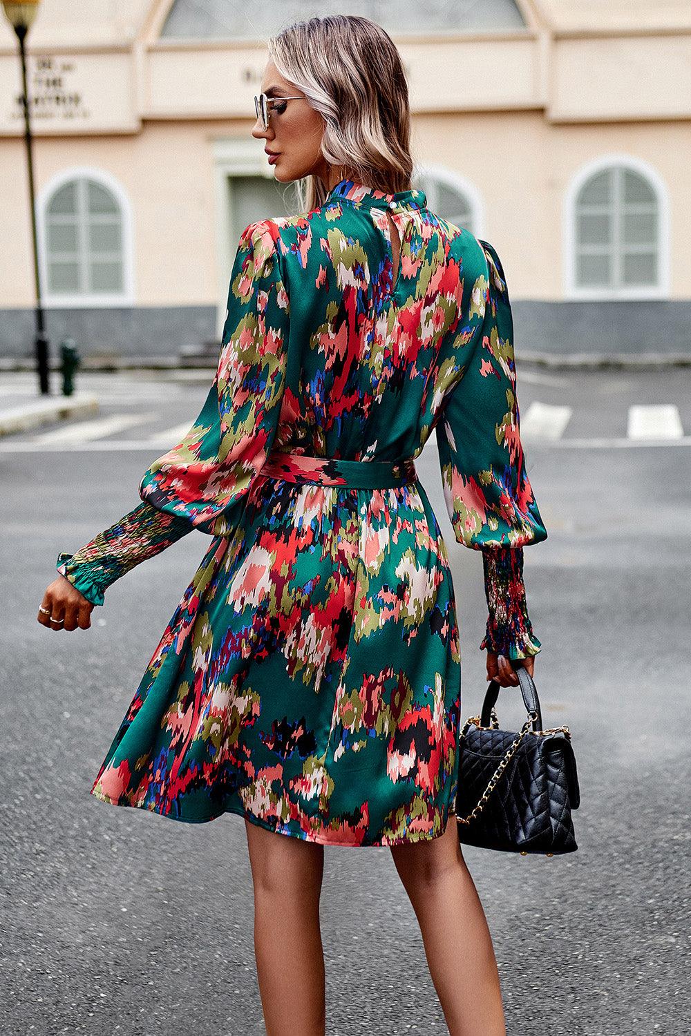 Printed Tie Waist Mock Neck Lantern Sleeve Dress Carauana Store