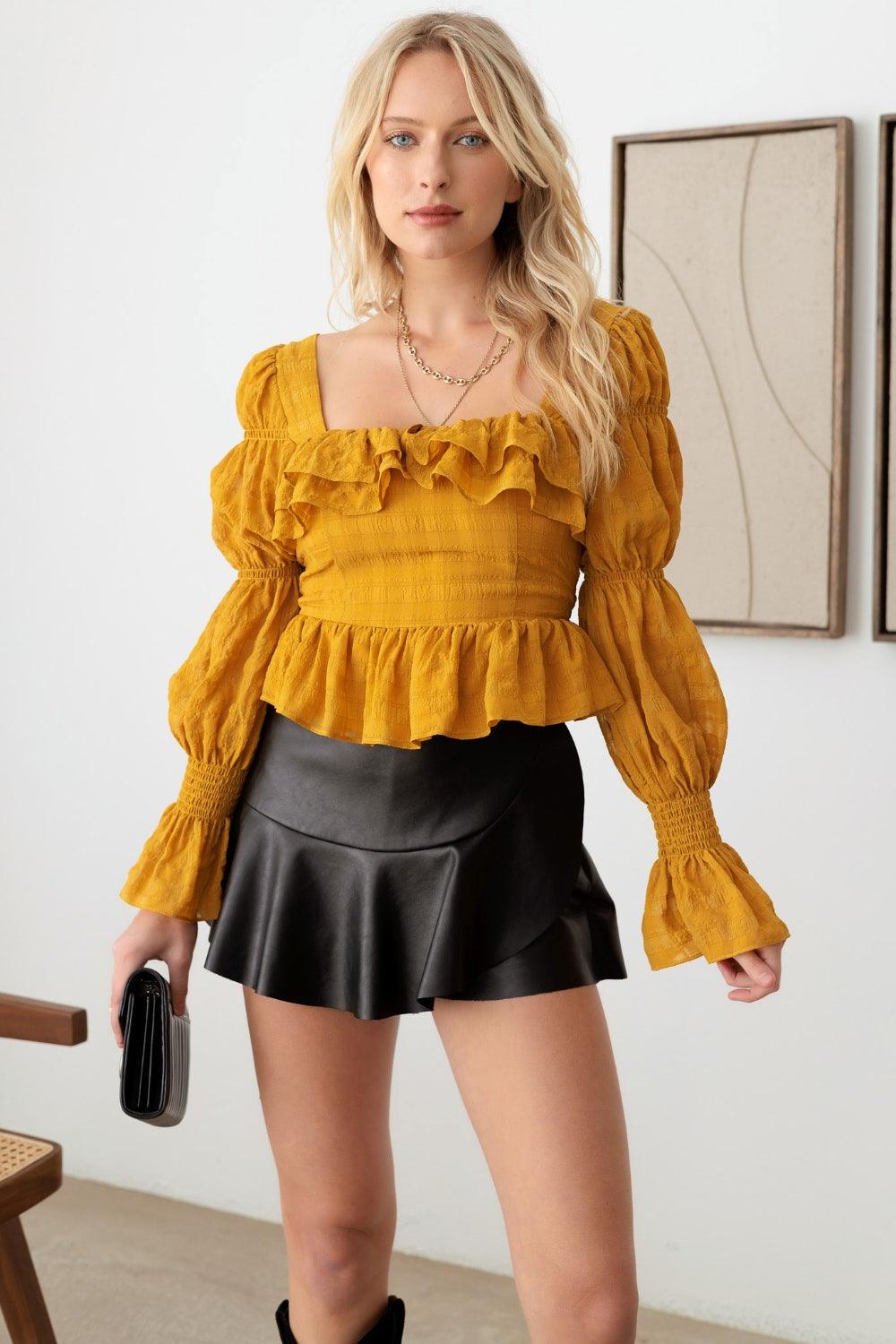 Mustard Seed Boho Shirred Smocked Peplum Long Sleeve Top Carauana Store
