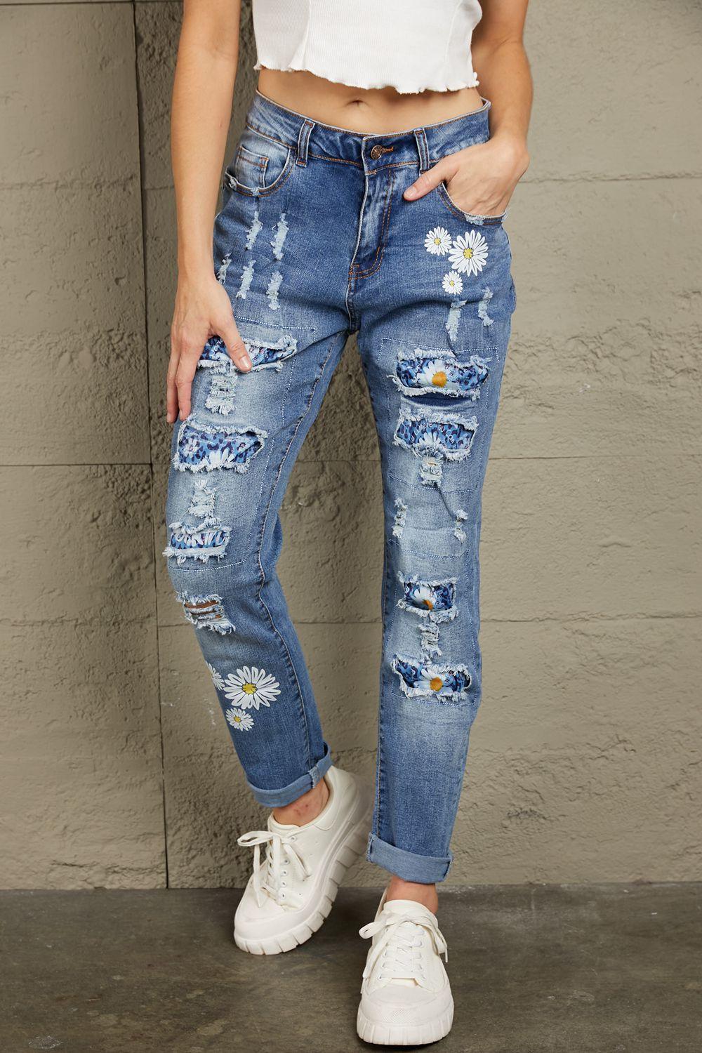 Baeful Printed Patch Distressed Boyfriend Jeans Carauana Store