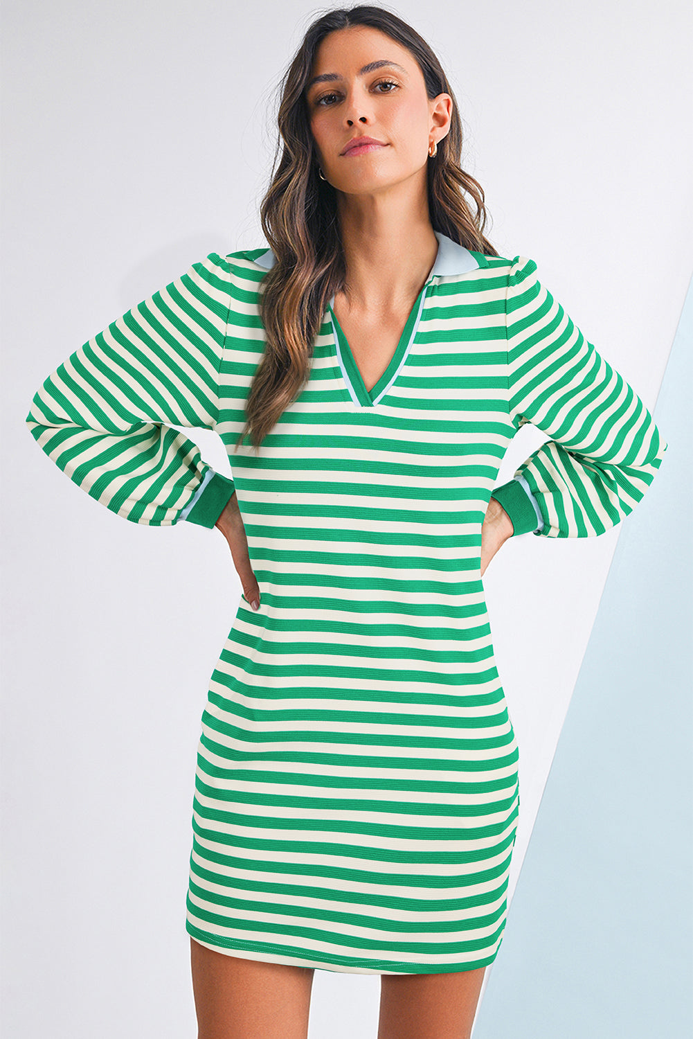 Green Striped Contrast Collar Split Neck Long Sleeve Mini Dress