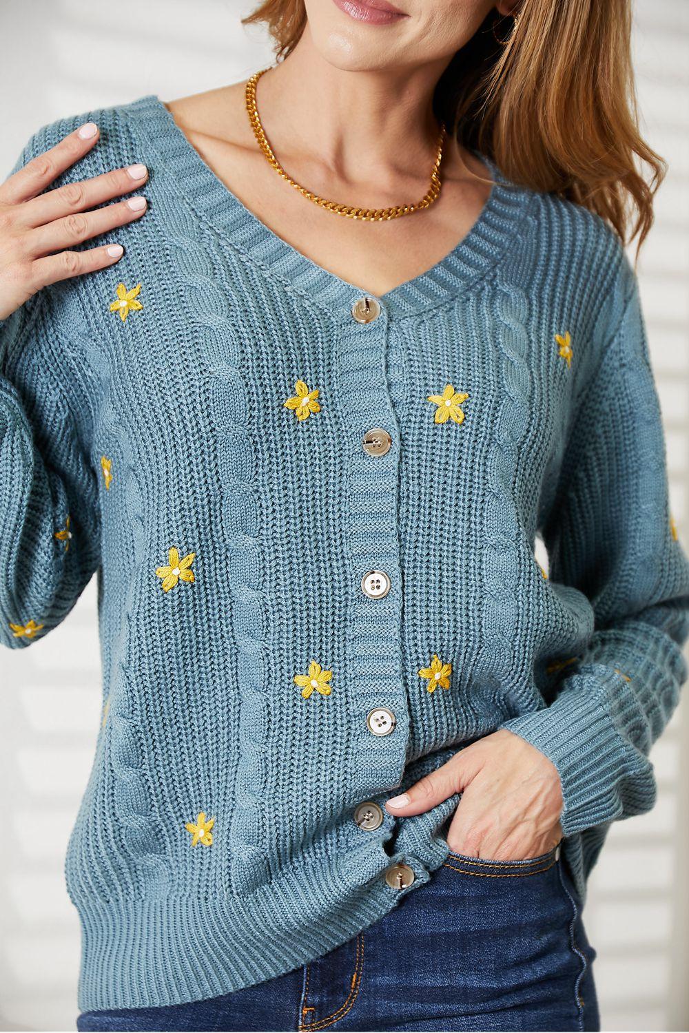 HEYSON Full Size Floral Embroidered Cable Cardigan Carauana Store