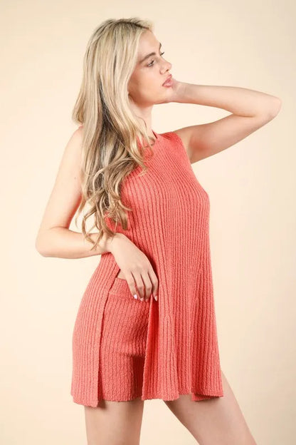 VERY J Slit Round Neck Top and Shorts Sweater Set Carauana Store