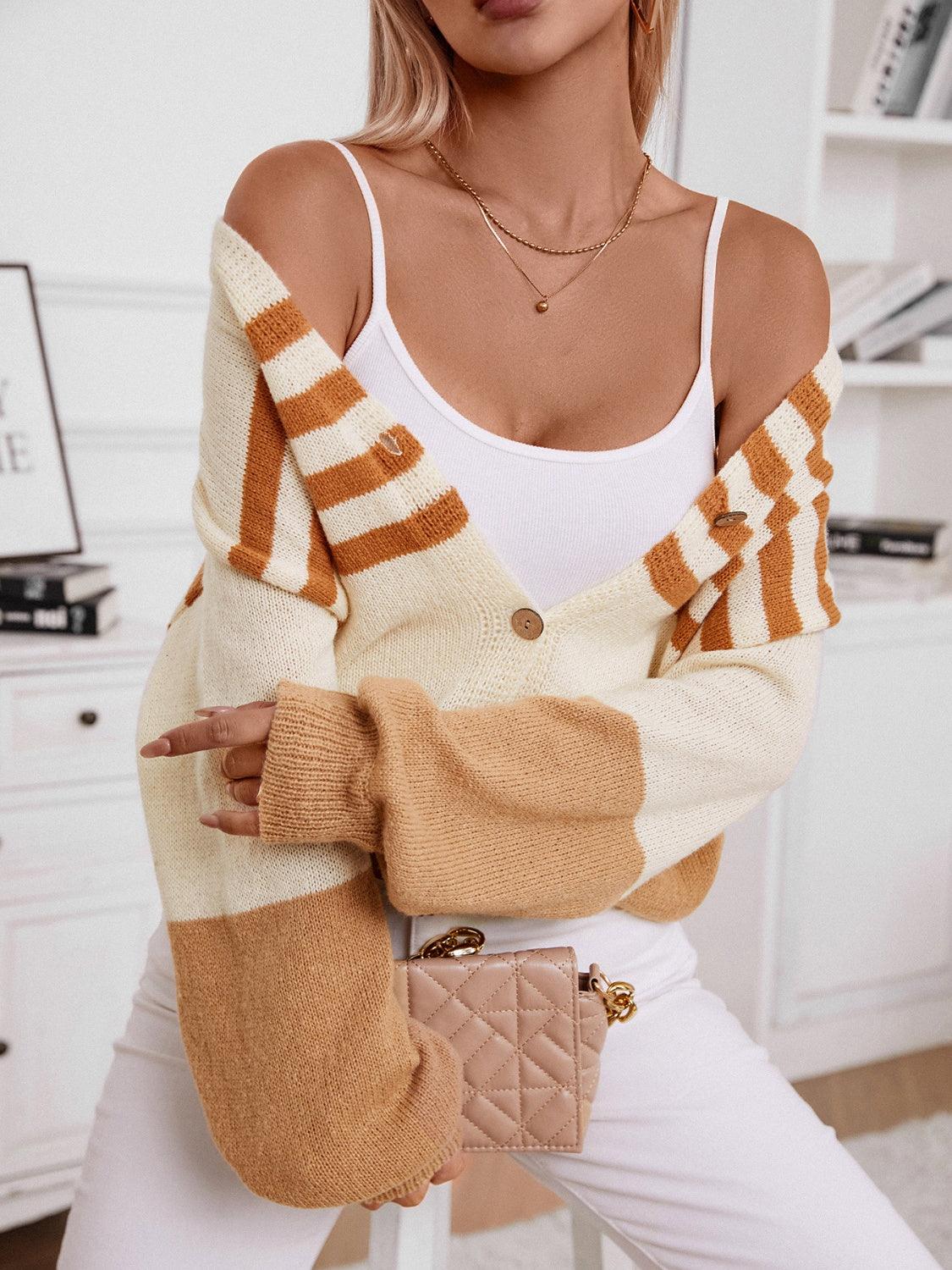 Color Block V-Neck Button Down Long Sleeve Cardigan Carauana Store
