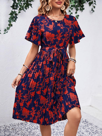 Printed Round Neck Short Sleeve Dress Carauana Store