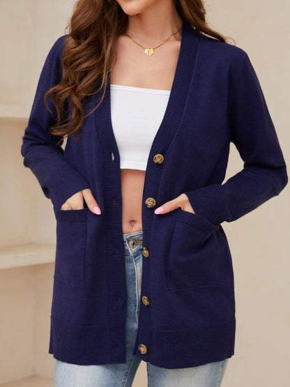 Pocketed Button Up Long Sleeve Cardigan Carauana Store