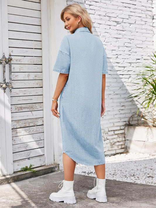 Button Up Dropped Shoulder Denim Dress Carauana Store