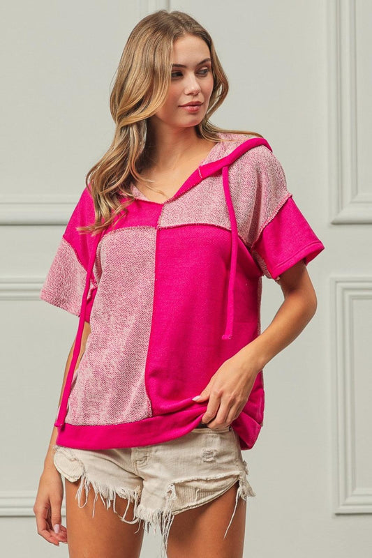BiBi Color Block Exposed Seam Short Sleeve Hooded Top Carauana Store