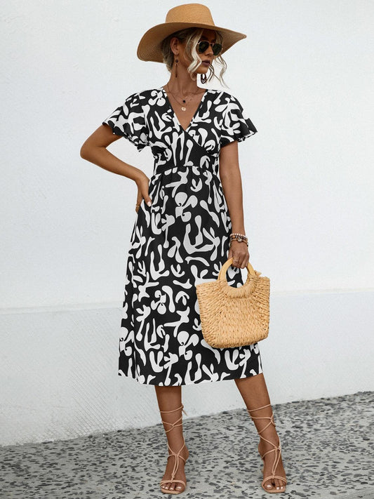 Printed V-Neck Short Sleeve Dress Carauana Store