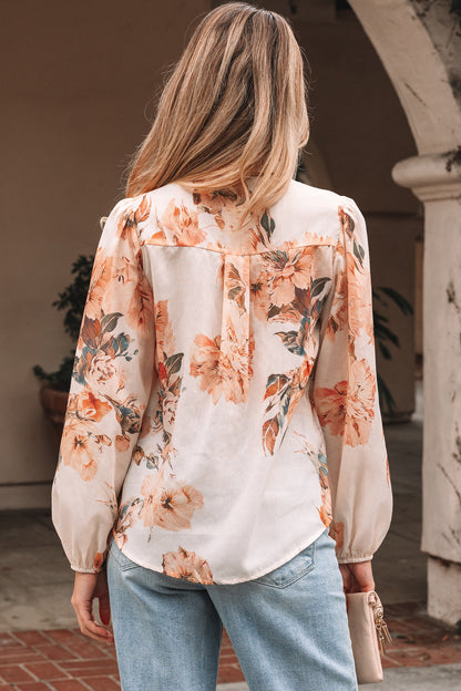 Orange Floral Puff Sleeve Lightweight Shirt
