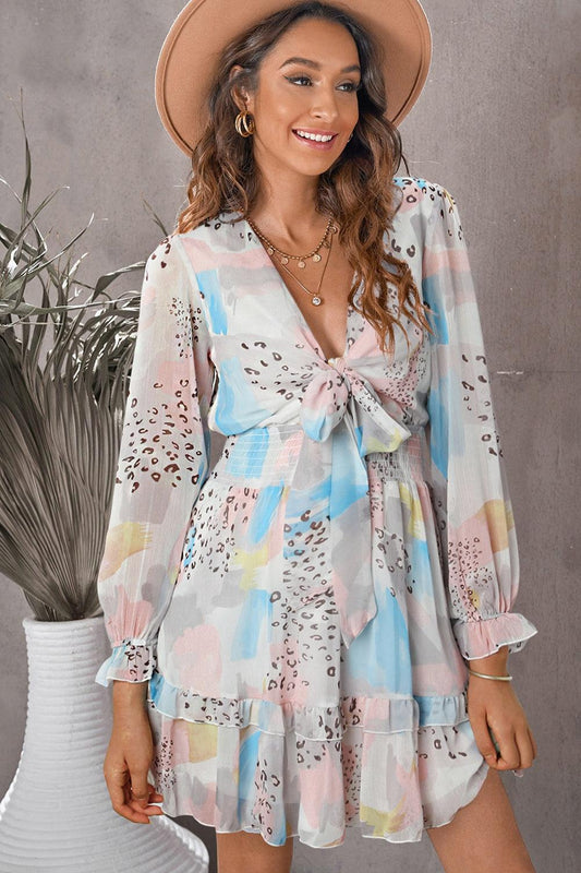 Printed Flounce Sleeve Mini Dress Carauana Store