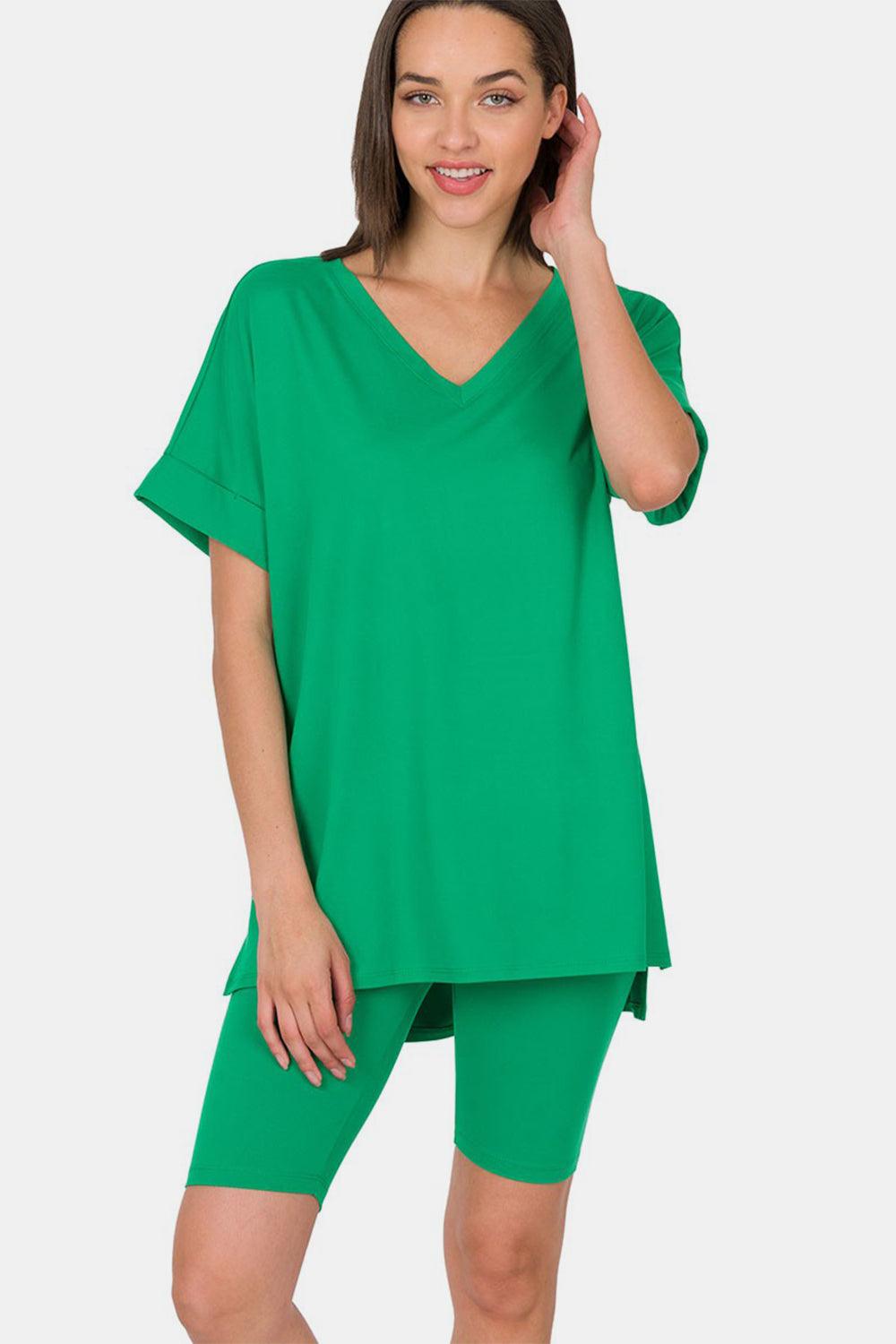 Zenana V-Neck Short Sleeve T-Shirt and Biker Shorts Set Carauana Store