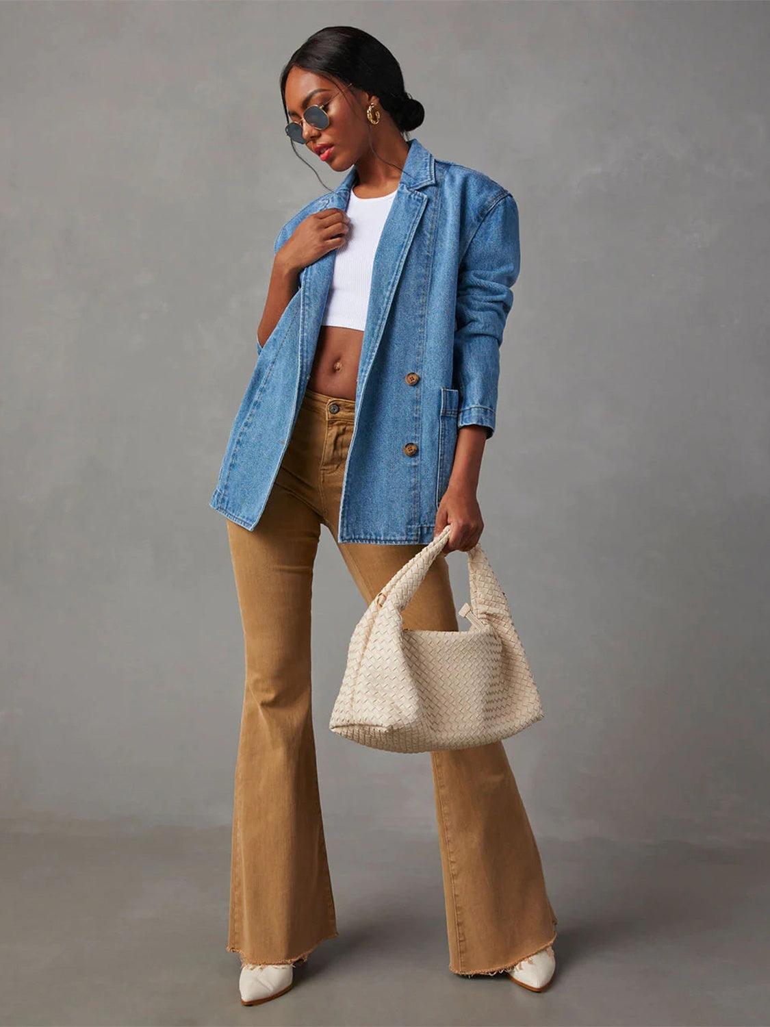 Collared Neck Long Sleeve Denim Jacket Carauana Store