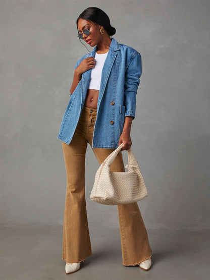 Collared Neck Long Sleeve Denim Jacket Carauana Store