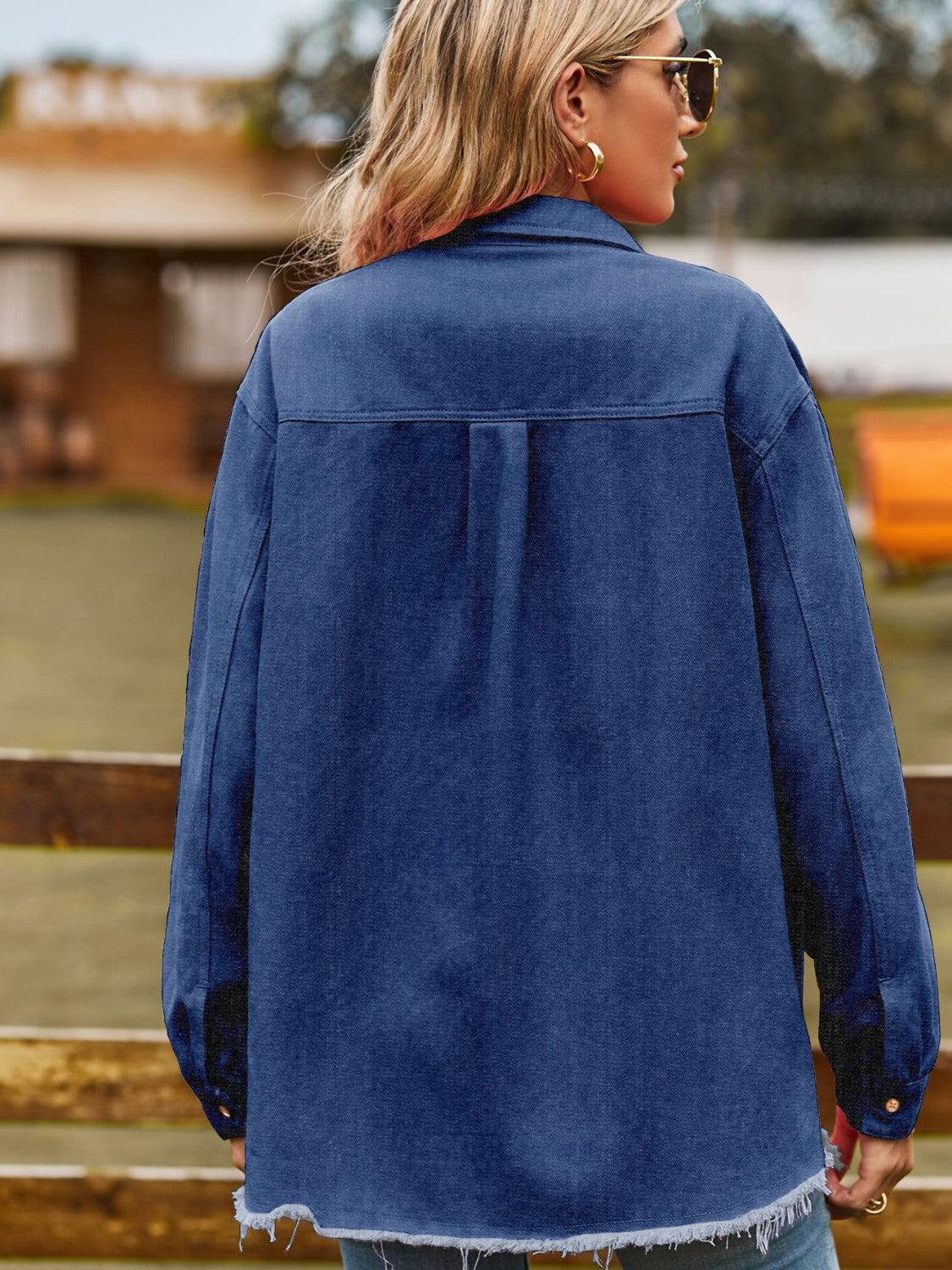 Button Up Collared Neck Raw Hem Denim Top Carauana Store