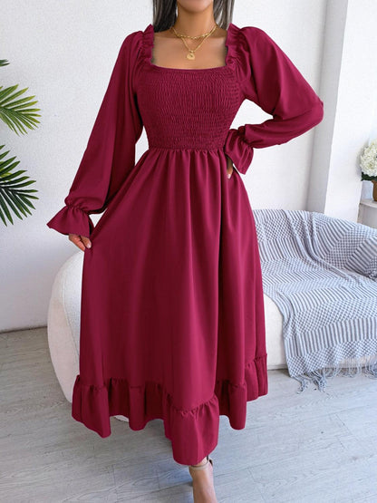 Smocked Square Neck Flounce Sleeve Dress Carauana Store