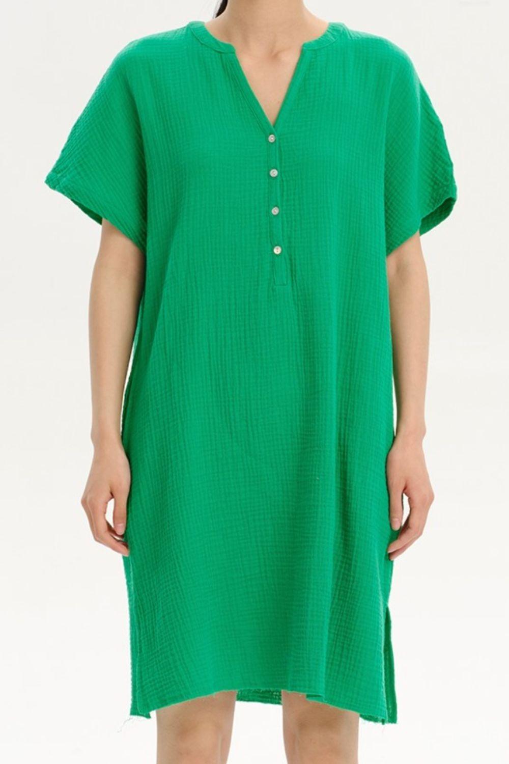 Slit Notched Short Sleeve Mini Dress Carauana Store