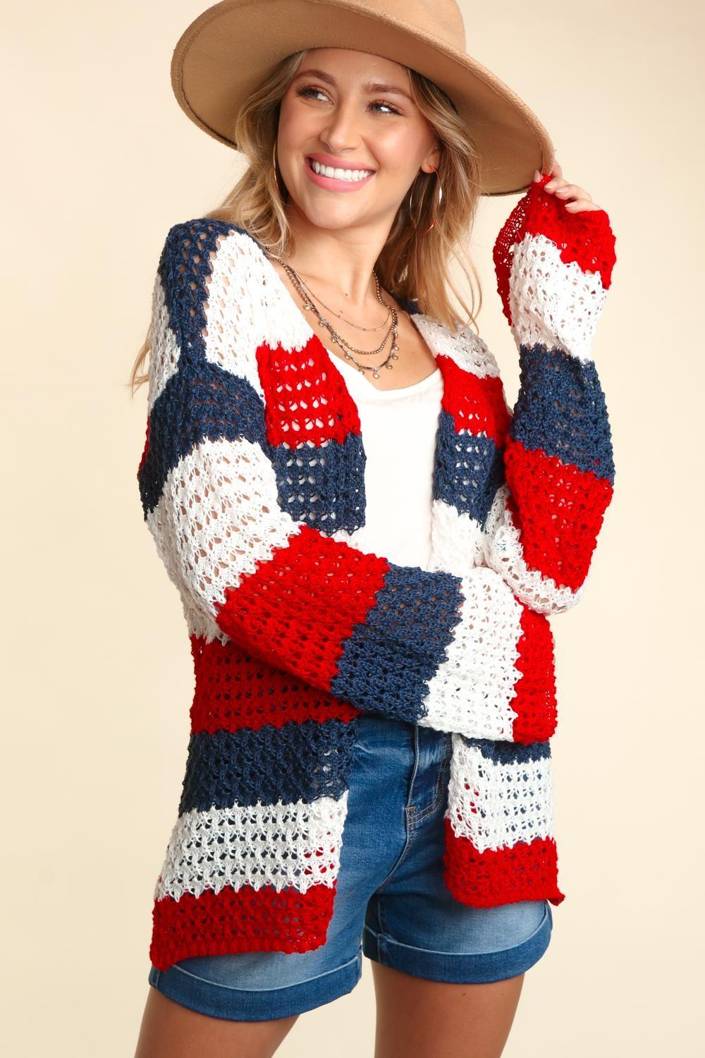 Haptics Full Size Open Front Long Sleeve Stripe Cardigan Carauana Store