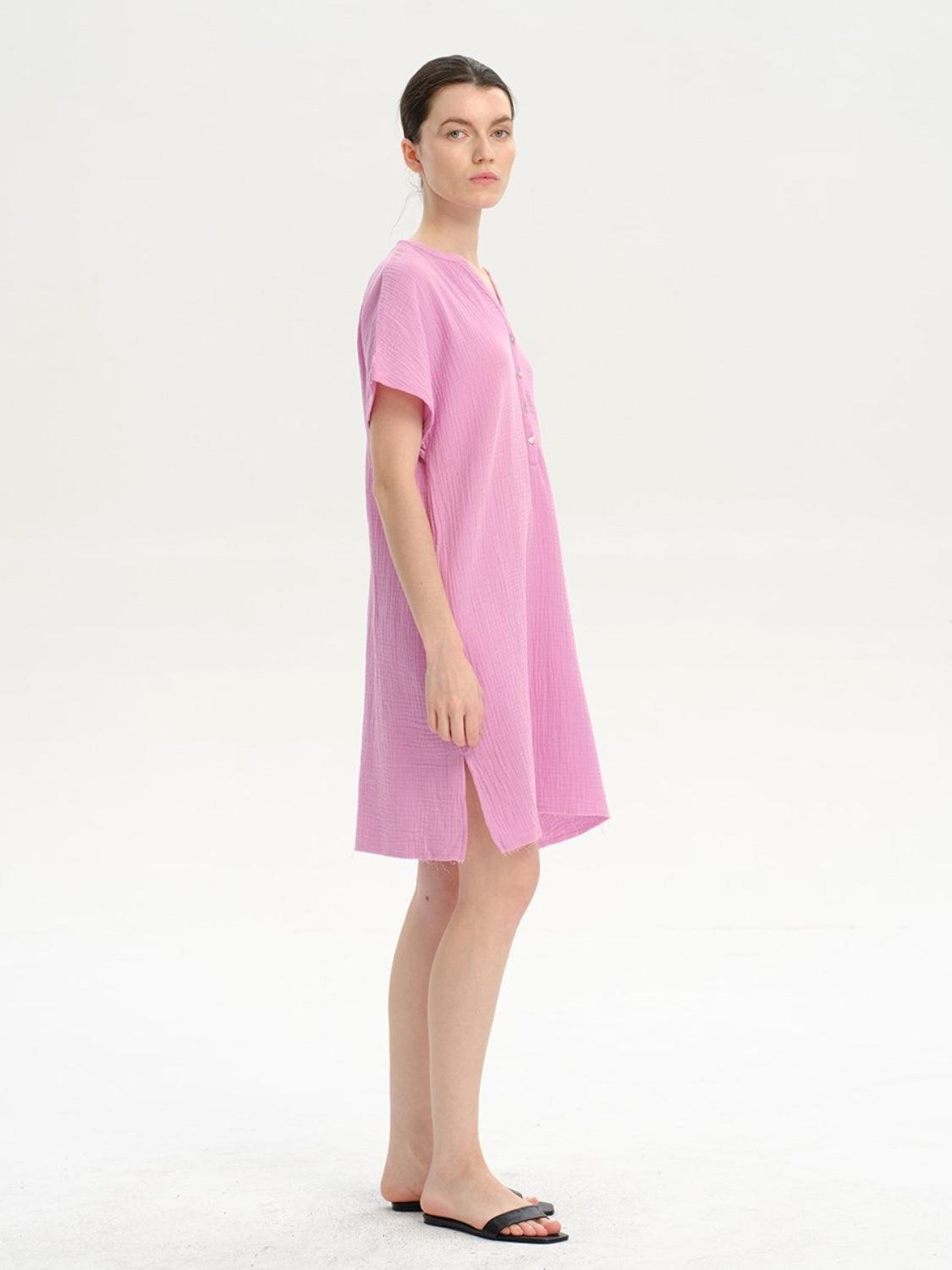 Slit Notched Short Sleeve Mini Dress Carauana Store