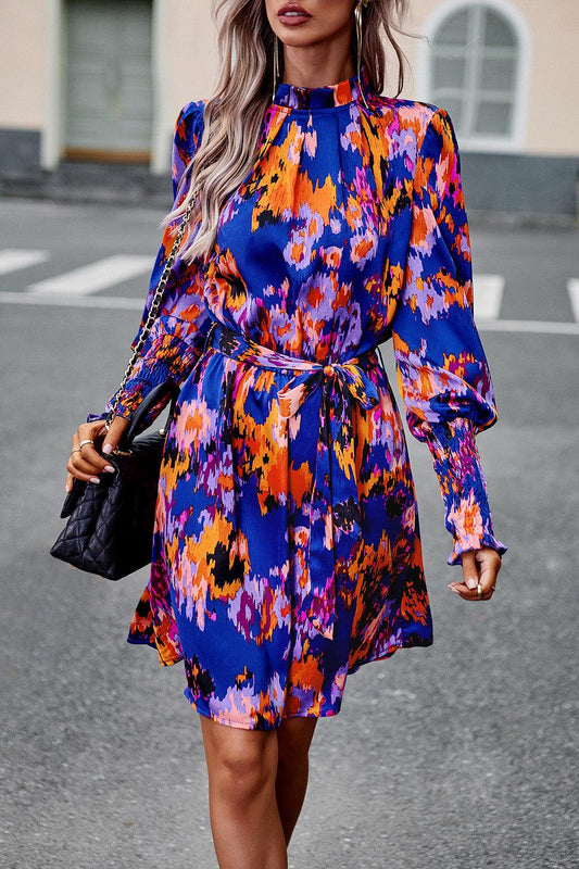 Printed Tie Waist Mock Neck Lantern Sleeve Dress Carauana Store