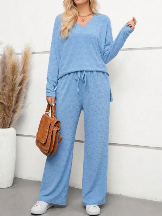 Flower V-Neck Long Sleeve Top and Pants Set Carauana Store