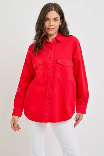 RISEN Button Down Long Sleeve Denim Shacket with Chest Pockets Carauana Store
