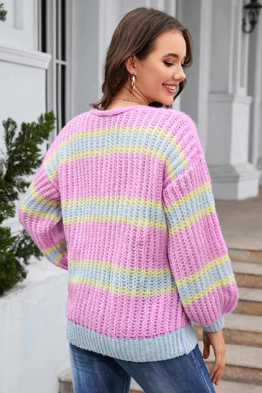 Striped Lantern Sleeve Dropped Shoulder Cardigan Carauana Store
