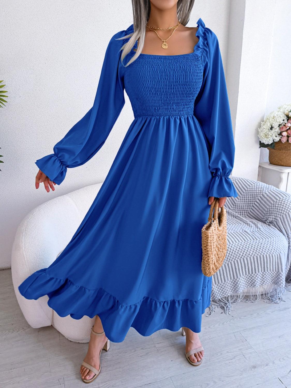 Smocked Square Neck Flounce Sleeve Dress Carauana Store