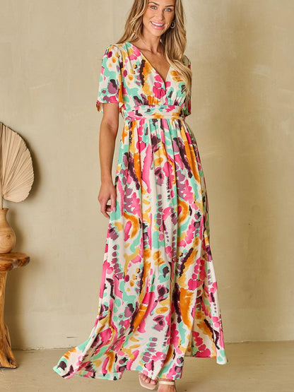 Slit Printed Surplice Short Sleeve Maxi Dress Carauana Store