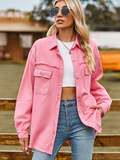 Button Up Collared Neck Raw Hem Denim Top Carauana Store