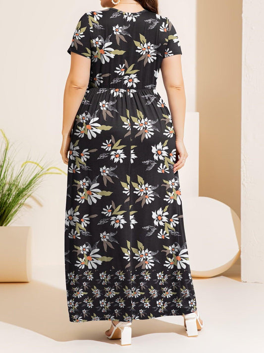 Plus Size Printed Round Neck Short Sleeve Maxi Dress Carauana Store
