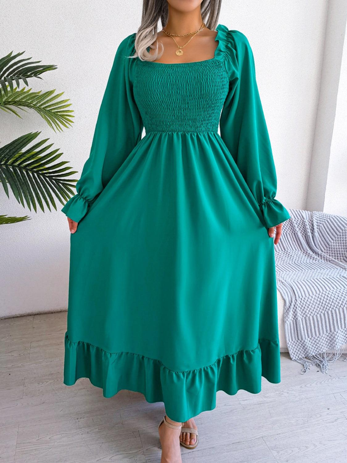 Smocked Square Neck Flounce Sleeve Dress Carauana Store