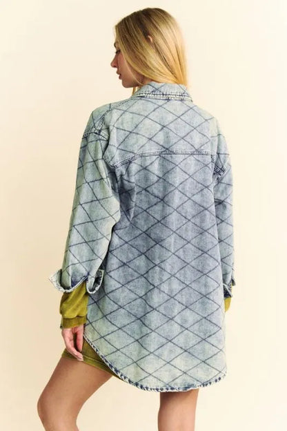 Davi & Dani Curved Hem Diamond Quilted Button Up Denim Shacket Carauana Store