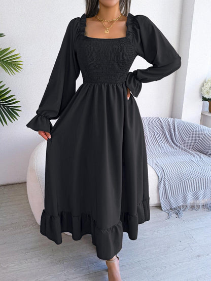 Smocked Square Neck Flounce Sleeve Dress Carauana Store