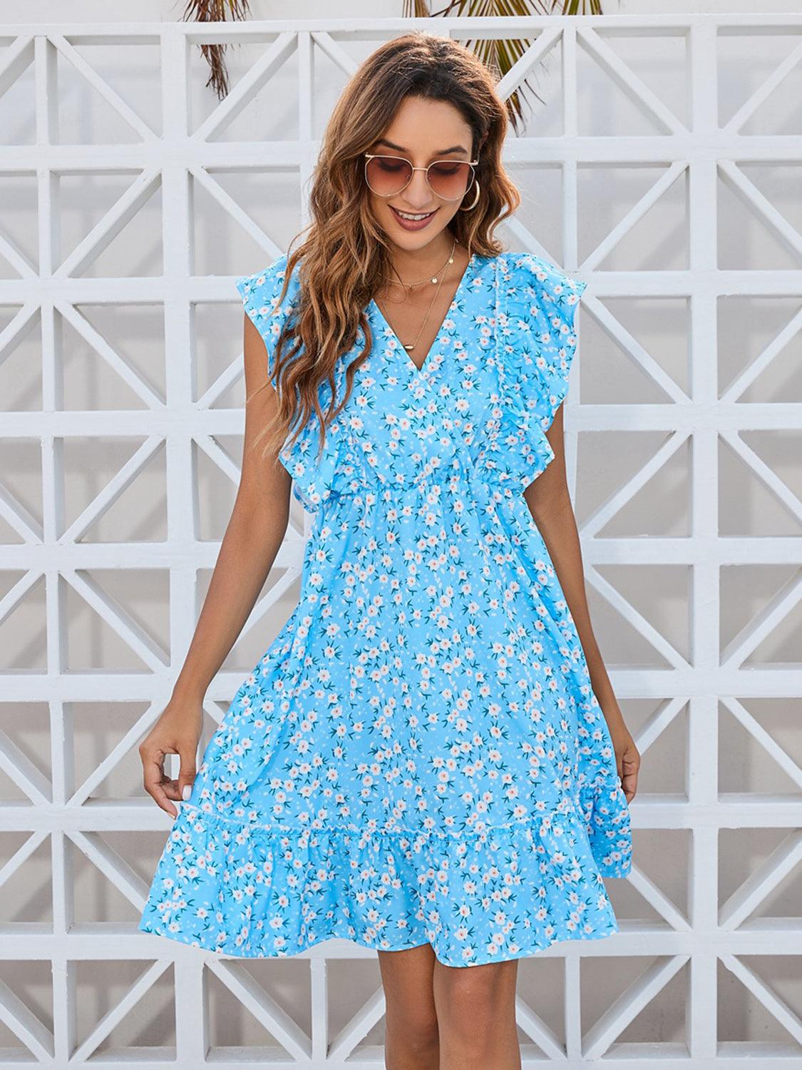 Ruffled Ditsy Floral Surplice Mini Dress Carauana Store
