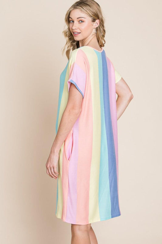 BOMBOM Striped Short Sleeve Dress with Pockets Carauana Store