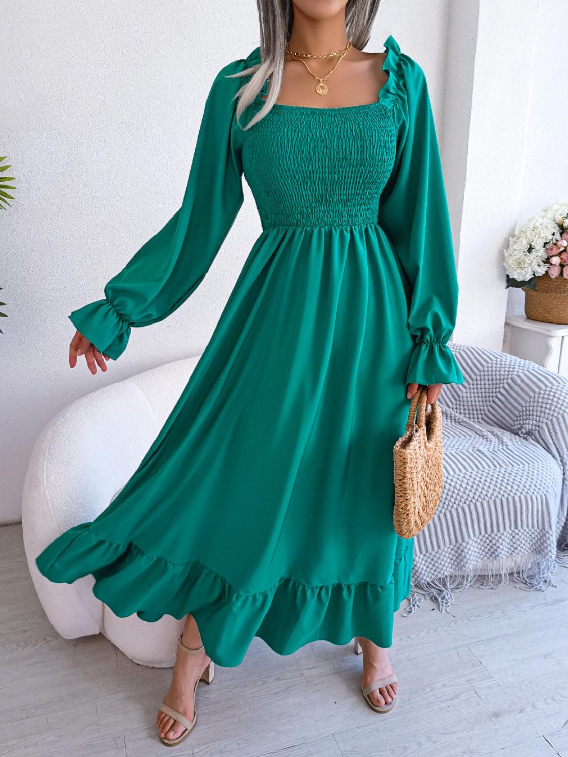 Smocked Square Neck Flounce Sleeve Dress Carauana Store